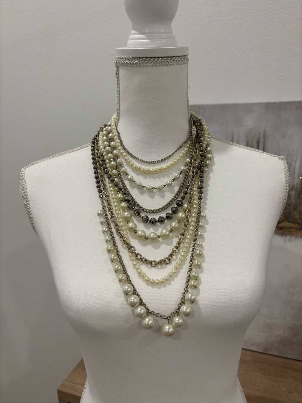 Elegant Multi-Strand Pearl & Chain Necklace in Cream and Silver-Tone